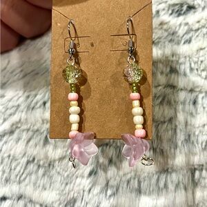 Pink and Green Beaded Flower Silver Earrings